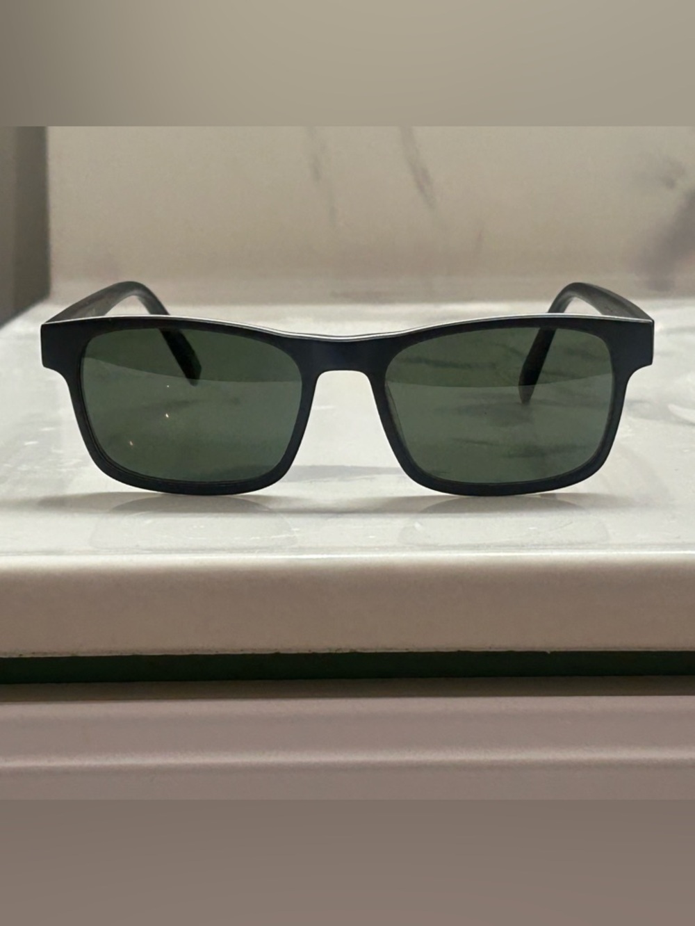 Warby Parker Perkins style Black Frame Sunglasses with Green Lenses